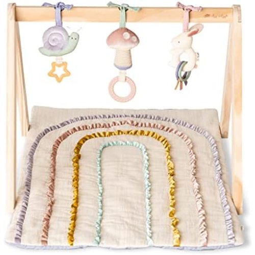 Itzy Ritzy Activity Gym – Premium Wooden Baby Gym Includes Quilted Play Mat and 3 Removable Toys; Pastel Rainbow