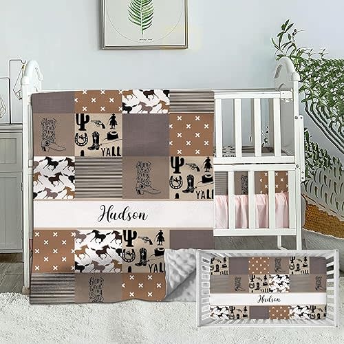 Personalized Crib Bedding Set Baby Boys, Custom Western Baby Boy Crib Bedding Set Name, Cowboy Nursery Bedding, 2 Piece Crib Bedding Sets, Name Crib Comforter, Crib Fitted Sheets Baby