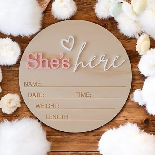 Wooden Birth Announcement Sign, 6 Inch Round Plaque, She’s Here or He's Here Announcement Plaque, Baby Newborn Announcement | Hello World Sign (She)
