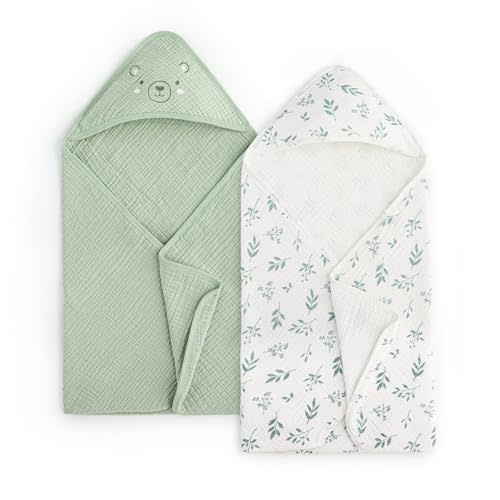 PHF 100% Muslin Cotton Baby Hooded Towels, 2 Pack Bath Towel with Hood for Newborn, Infant, Toddler, Ultra Soft and Absorbent Baby Bath Essentials, Shower Gifts for Boys Girls, 32x32Inch, Leaf