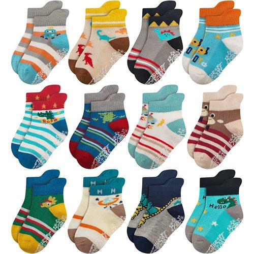 RATIVE Anti Slip Ankle Socks with Grips for Baby Toddler Kids Boys Girls