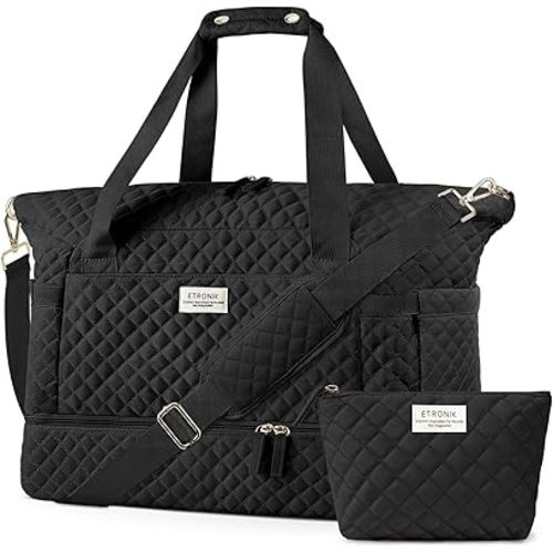 ETRONIK Travel Bag for Women, 48L Gym Duffel Bag with Shoes Compartment, Weekender Overnight Bag with Wet Pocket for Women Travel Gym Daily Use, Large Size (Black)