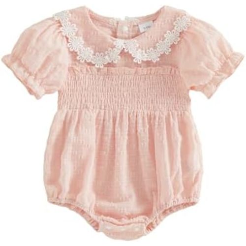 Youweixiong Baby Girl Smocked Romper Short Sleeve Lace Floral Doll Collar Swiss Dot Bubble Bodysuit Newborn Summer Clothes