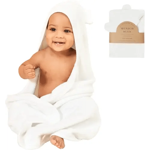 Munich Blue Baby Bath Hooded Towel for Boys and Girls - Soft and Cozy Viscose from Bamboo and Cotton Bath Towel with Cute Bear Ears for Newborn, Infant and Toddler - White, 600 GSM, 35 x 35 inch