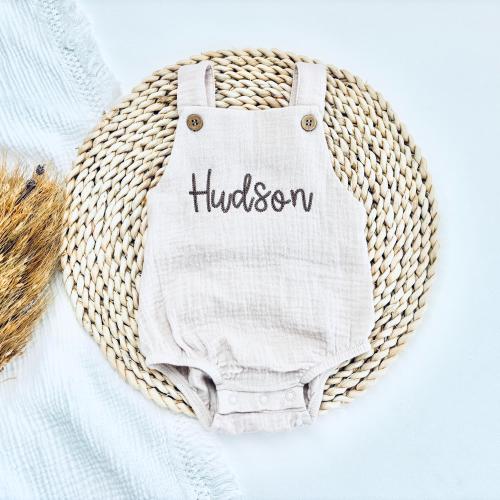 Beige Organic Personalized Baby Boy Romper, Gender Neutral Baby Outfit, Embroidered Baby Gift, First Birthday Outfit For Baby