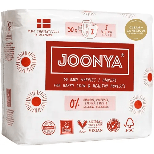 Joonya Baby Diapers, Size 2 S (7-13 lb) - 1 Bag of 30 - New Range - NonToxic, Eco-Friendly, Ultra Slim, Overnight Use - Made in Denmark