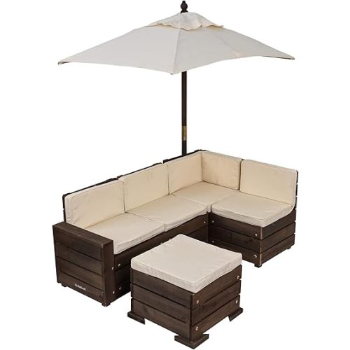 KidKraft Wooden Outdoor Sectional Ottoman & Umbrella Set with Cushions, Patio Furniture for Kids or Pets, Bear Brown & Beige