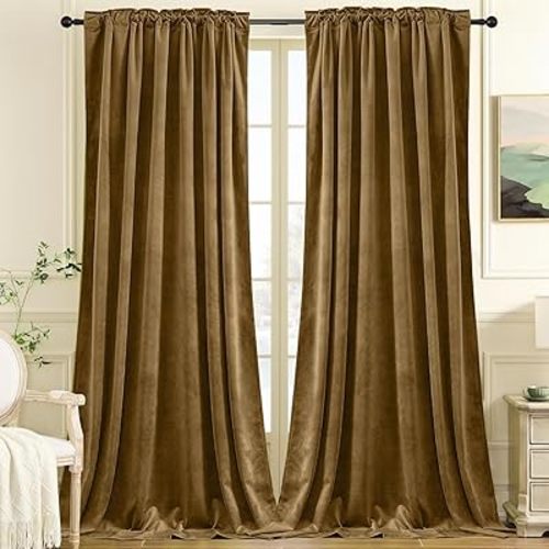 Nemia Gold Brown Velvet Curtains Thermal Insulated Blackout Curtain for Bedroom Window Living Room Darkening Luxury Vintage 84 Inches Long Heavy Drapes Panels Rod Pocket Set of 2