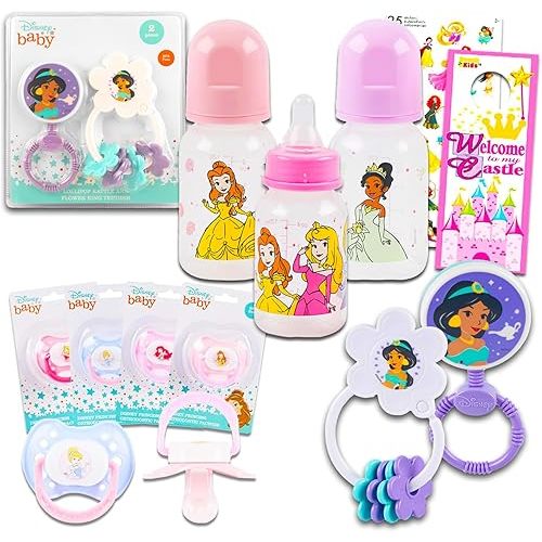 Disney Princess Baby Gift Set, Baby Shower Gifts Girls Neutral - 8 Pc Newborn Essentials Bundle with Rattle, Bottle, Pacifier, Scrapbook Stickers, More