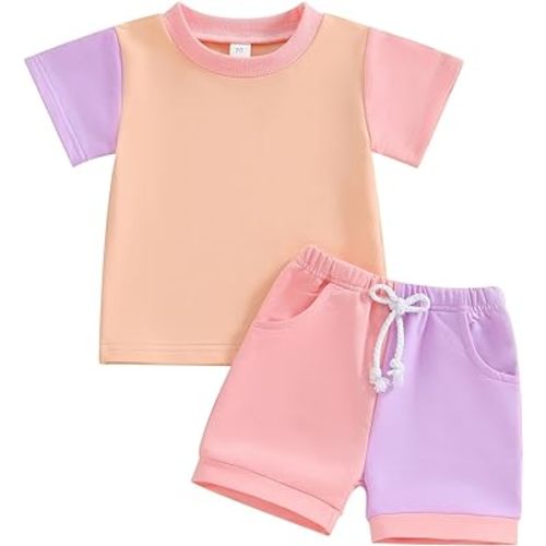 Fernvia Toddler Baby Girl Summer Clothes 3 6 9 12 18 24 Months Cotton Outfits Short Sleeve Contrast T-Shirts Tops Shorts Sets