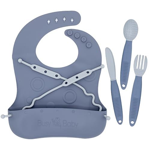BUSY BABY Bungee Bib & Utensil Set – Adjustable Silicone Bib with Pocket & Tethered Utensils for Babies & Toddlers
