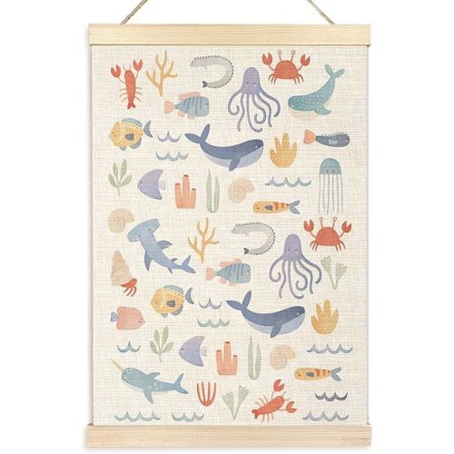 Ecezatik Ocean Nursery Decor, Danish Pastel Ocean Animals Poster Hanger Frame, Coastal Ocean Sea Wall Art Decor for Nursery Classroom Kids Room Playroom, Under the Sea Nursery Decor, 16x24 Inches