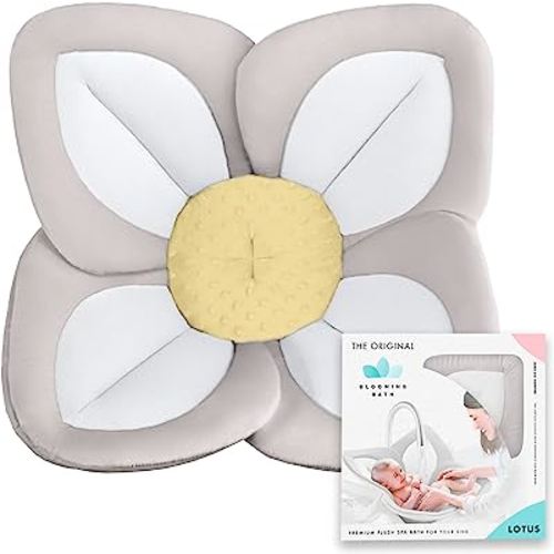 Blooming Bath Lotus Baby Bath Seat - Flower Bath Mat Baby Bath Tub Sink Bath Cushion - The Original Washer-Safe Flower Seat Baby Essentials Must Haves (Gray/White/Yellow)