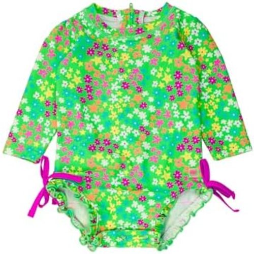 RuffleButts Baby Girls UPF 50+ Sun Protection Floral Printed Long Sleeve One Piece Rash Guard Swimsuit with Zipper