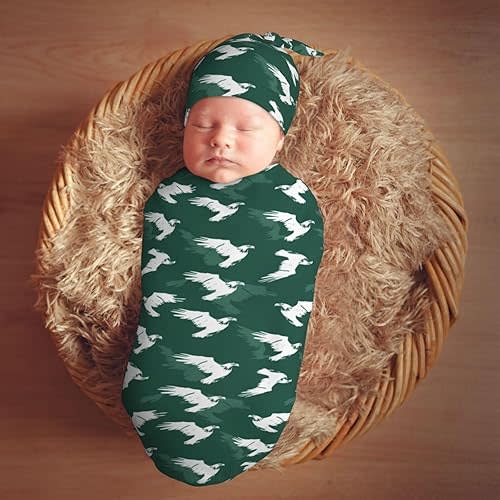 Eagle On Green Background Newborn Swaddle Blankets Hat Sets Soft Baby Receiving Blanket Swaddle Sack for Baby Shower Infant Boy Girl Gift