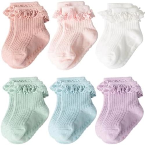 AQOKKA Baby Girl Toddlers Socks with Non-slip Grip Cute Frilly Ruffle Ankle Soft Cotton Newborn Baby Socks for Infant Kids