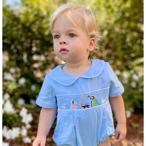 Christmas Nativity Smocked Boy's Bubble in Light Blue- Vintage Style, Matching Sibling Outfit, Heirloom, Baby Boy 458 *A