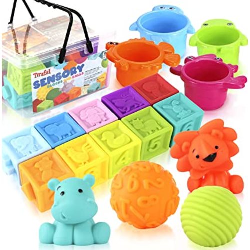 Baby Blocks&Balls 6 to 12 Months and Up Soft Building Stacking Block 18Pack,StackingToys for Toddlers, Sensory Montessori Teething Toy forInfant Boys & Girls with Numbers Animals Shapes Textures. - 18 Pack