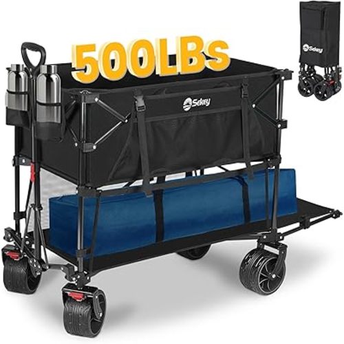 400L Large Capacity Folding Double Decker Wagon with Brakes, 50" Extra Long Extender Cart, 500lbs Heavy Duty Collapsible Wagons, All-Terrain Big Wheels for Camping, Sports, Shopping. Black