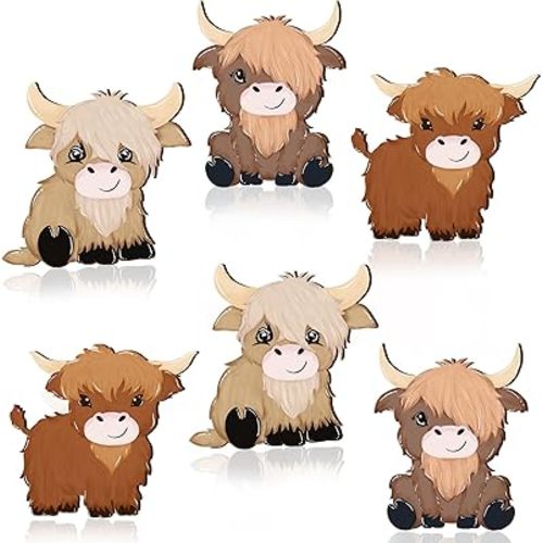 Therwen 6 Pcs Highland Cow Decor Highland Cow Wall Decorations Bathroom Lovely Scottish Cattle Cute Wooden Wall Signs Decor for Bedroom Neutral Style Rustic Farmhouse