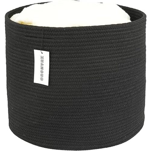 XUANGUO Cotton Rope Basket For Girls Boys Kids 16”X14” Baby Laundry Basket Nursery Bin Round Woven Baskets Organizer For Storage Toys Blankets Shoes Clothes black
