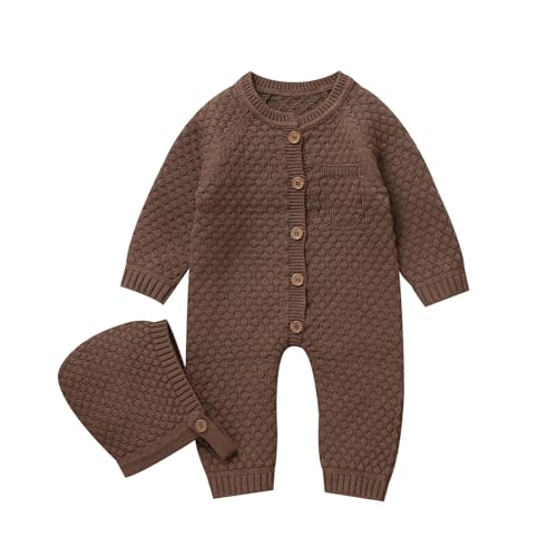 mimixiong Cotton Baby Romper Newborn Baby Knitted Clothes Longsleeve Sweater Outfit for Boy and Girls with Warm Hat Set