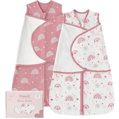 Baby Swaddle Sleep Sack 3-6 Months, Cotton Swaddles for Newborns Girls, 2-Way Zipper Transitional Infant Wearable Swaddling Blanket with Quiet Closure, 0.5 TOG 2 Pack Soft Pink Rainbow