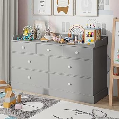 Vabches Kids Dresser Cabinet with 7 Drawers, Changing Table for Nursery, White Chest of Drawers, Baby Dresser, Kids Bedroom Furniture, Nightstand for Child’s Room,Light Grey