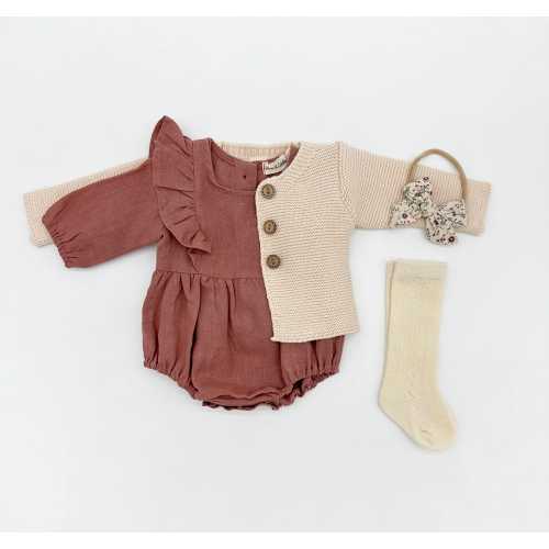 Baby Girl Linen Ruffle Bubble Romper | OPTION Sets  socks + Bow + Cardigan | Victorian Pink Gabriella
