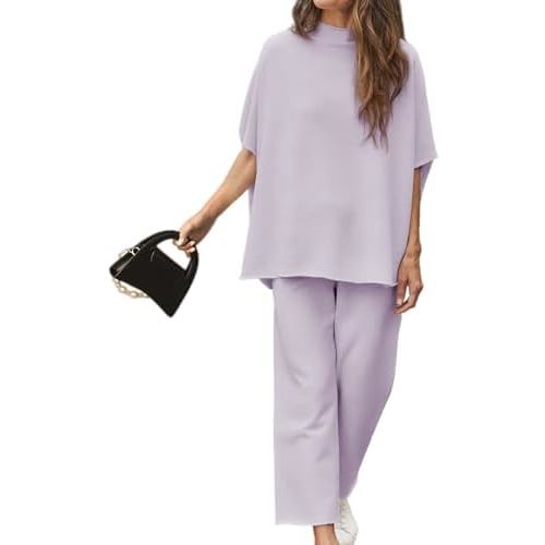 Women's Two Piece Outfits 3/4 Batwing Sleeve Capelet Crew Neck Pullover Top Wide Leg Pants Lounge Set