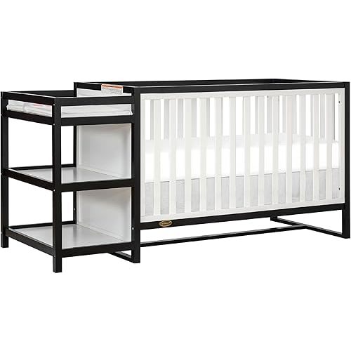 Dream On Me Milo 5-in-1 Convertible Crib and Changing Table with Free Changing Pad in Black and White, 3 Mattress Height Settings, Non-Toxic Finishes, Pinewood