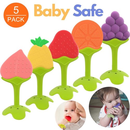 LMKOO 5 Pack Baby Teething Toys - Silicone BPA Free Natural Organic Freezer Safe Fruit Baby Teethers for Newborn Infant, Soft & Textured - Babies Shower Gift