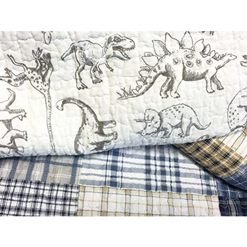 Cozy Line Home Fashions Benjamin Cute Dinosaur Plaid Navy Blue White Grey Bedding Quilt Set 100% Cotton Reversible Coverlet Bedspread Set for Kids Boy(Twin - 2 Piece)