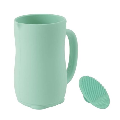 mandoo Baby Bath Rinse Cup - Food Grade Silicone - Shampoo & Body Washing Rinser Cup for Kids with Easy Grip Handle to Rinse Baby Shampoo and Soap - Baby Essentials (Mint+Brush)