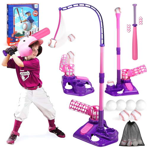 Huge Wave T-Ball Set Baseball Sport Toys for Girls 3-6, Kids Outdoor Toys Includes 6 Balls, Toddlers Outdoor Backyard Baseball Game Sports Play Set for Kids Boys & Girls Ages 3-8, Pink