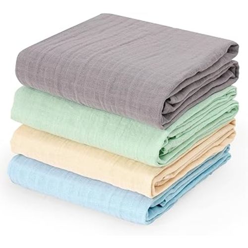 david's kids 4 Pack Baby Muslin Swaddle Blankets, 100% Cotton Swaddling Blankets Wrap for Boys Girls, Ultra Soft Breathable Receiving Blanket, New Born Essentials, Green&Grey&Blue&Beige