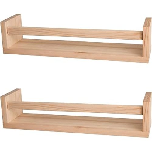 Nursery Bookshelf,Set of 2 Naturel Wood Floating Wall Bookshelf for Kids,Nursery Shelves for Wall,Bathroom Decor, Kitchen Spice Rack (Natural Wood)
