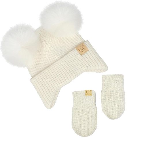 Funky Junque Baby Pom Beanie & Fleece Mittens Set - Warm Winter Essentials - Spring Colors, Classic Neutrals, Pattern Styles
