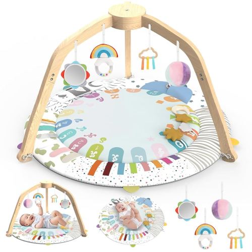 Omzer Baby Play Gym - Wooden Baby Tummy Time Play Mat with 5 Developmental Zones - Baby Gyms & Playmats with 4 Removble Toys - Removable Baby Activity Mat - Baby Play Mat for Baby Shower Gifts
