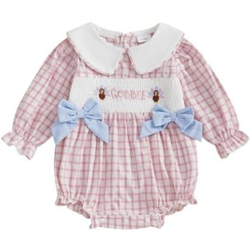 My First Thanksgiving Outfit Baby Girl Turkey Bubble Romper Doll Collar Plaid Smocked Bodysuit Newborn Fall Clothes