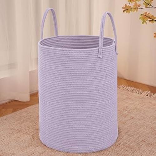 Large Woven Laundry Basket Hamper,60L Cotton Rope Storage Bin for Blankets,Toys and Clothes,Decorative Tall Nursery Hamper for Living Room,Baby Nursery,Bathroom and Bedroom,Purple