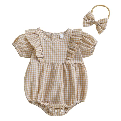 Infant Baby Girl Summer Outfit Plaid Romper Boho Short Sleeve Ruffle Bodysuit with Headband Clothes
