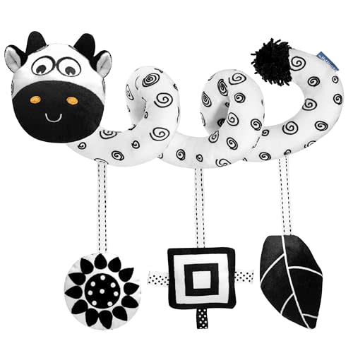 TSYAN Car Seat Toys for Babies 0-6 Months,Hanging Rattle Toys for Crib Mobile, Baby Spiral Hanging Stroller Black and White High Contrast Toys for Newborn 0 3 6 9 12 Months Baby Boys Girls (Cow)