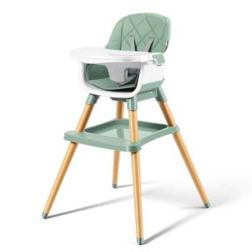 TODECARE High Chair, 7 in 1 Convertible Wooden Highchair for Babies & Toddlers with Adjustable Legs, Double Removable Tray, Safety Harness, Green