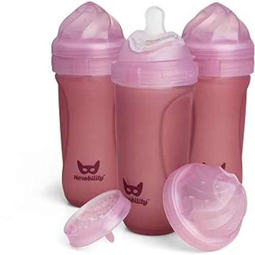 Herobility Glass Baby Bottle - 11 fl oz/320 ml - 3 Pack | Heat Sensing Color-Changing Bottle with Double Anti-Colic Nipple - Silicone Coating - Breastlike Nipples for Newborn Babies - Rose Color