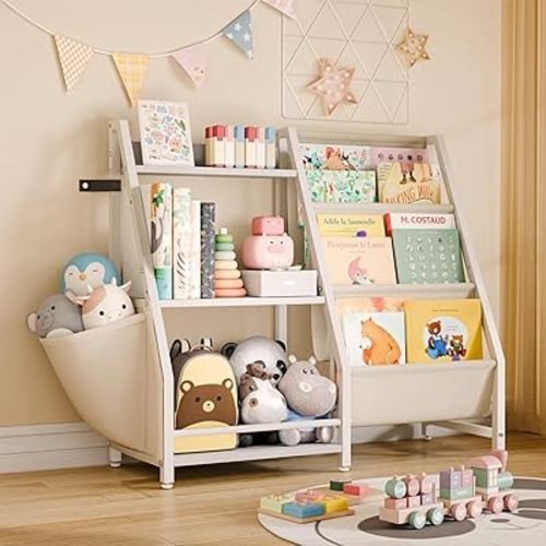 Kids Bookshelf and Toy Organizer, 3 Tier Bookshelf for Kids, Montessori Bookcase Book Shelf for Kids Rooms, Bedroom, Playroom, Nursery, Toy Storage Organizer with Bookshelf (White)