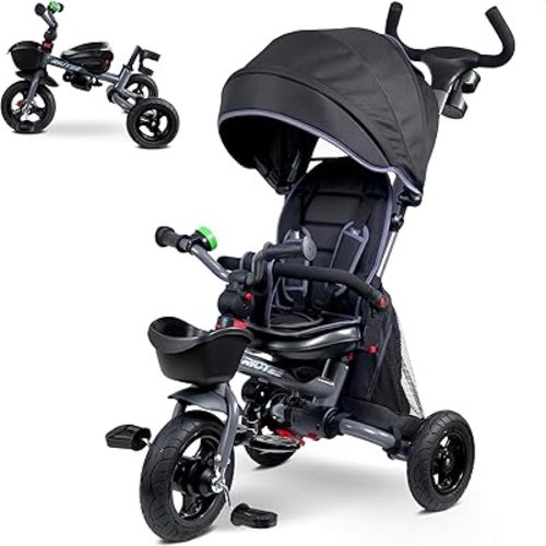7-in-1 Toddler Tricycle for 18 Months to 5 Years, Rotatable Seat Tricycle Stroller with All-Terrain Rubber Tire, Double Brake, Adjustable Push Handle, Grey