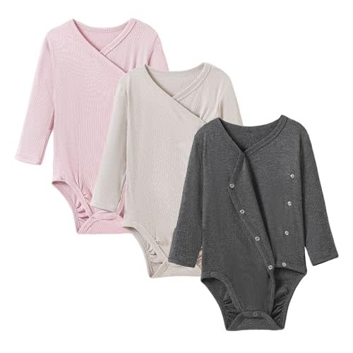 DEFAHN Viscose from Bamboo Baby Side Snap Bodysuit Kimono Onsies 3-Pack Long Short Sleeve Boy Girl Boys