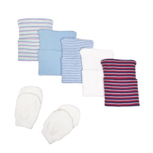 5 Piece Hospital Cap & Mitten Set for Newborn Baby (Boy) by Nurses Choice