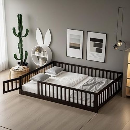 Queen Size Montessori Floor Bed Frame with Convertible Door & Wood Slats for Kids,Wood Montessori Bed with Safety Guardrails for Girls & Boys,Espresso